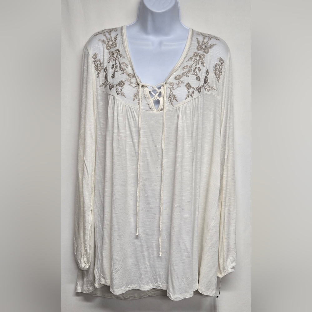 Sonoma 2X Slinky Stretch Knit Tunic Top Ivory Embroidered Tie Front Long Sleeve